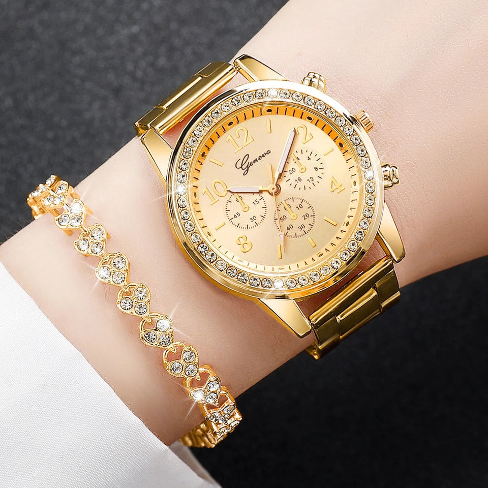 Women Steel Gold Color Quartz Watch & Diamond Bracelet