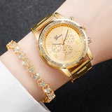Women Steel Gold Color Quartz Watch & Diamond Bracelet